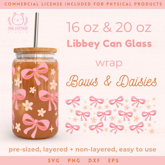 Libbey Glass SVG 16 oz, 20 oz Bows and Daisies, Daisy Glass Wrap Svg, Beer Can Glass Svg Wrap, Libbey Glass Svg 16oz, 16oz Wrap, 20oz wrap