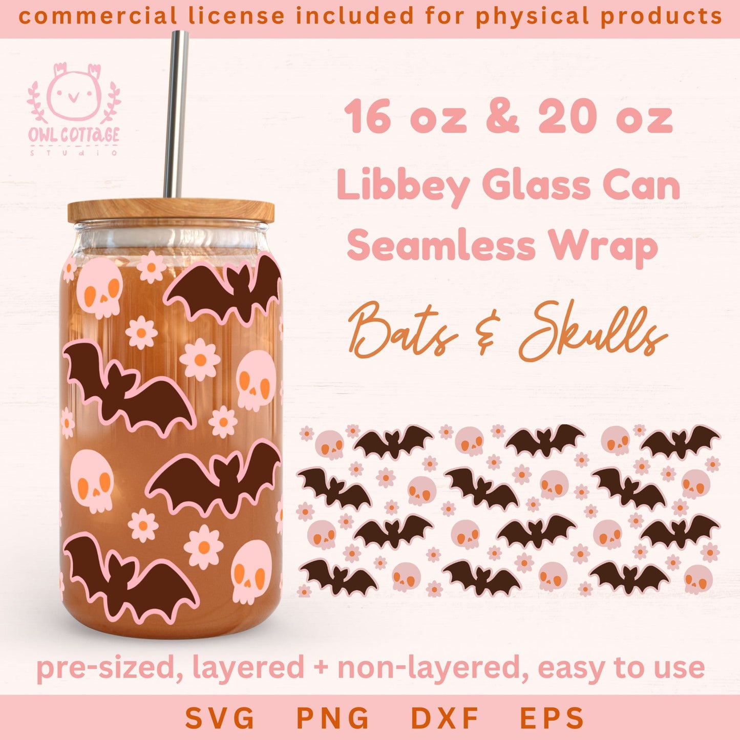 Halloween Bats, Skulls, and Daisies Libbey Glass SVG 16 oz, 20 oz, Spooky Glass Wrap Svg, Beer Can Glass Svg Wrap, Libbey Glass Svg 16oz