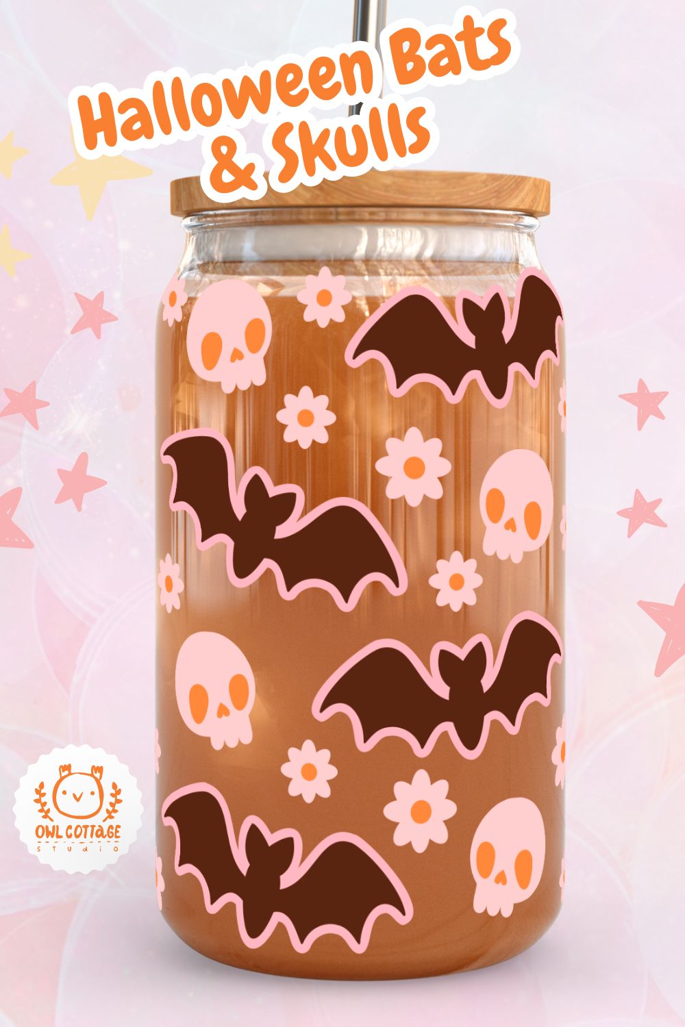 Halloween Bats, Skulls, and Daisies Libbey Glass SVG 16 oz, 20 oz, Spooky Glass Wrap Svg, Beer Can Glass Svg Wrap, Libbey Glass Svg 16oz