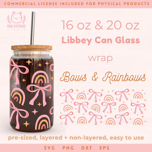 🎀🌈🎀 Pink Bows And Rainbows Libbey Wrap Svg, 16oz Libbey Glass Svg, 20oz    Libbey Glass Svg, Can Glass Full Wrap,  beer glass svg,  files for Cricut, Instant Digital Download