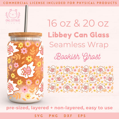 Cute Kawaii Ghost Wrap Svg, 16oz Libbey Glass Svg, Halloween Glass Cup Svg, Booklover Libbey Glass 16oz Cut File, Bookish Can Glass Svg Trendy Halloween Design, Cute Cup Wrap for UV DTF