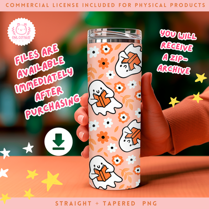 Halloween Bookish Ghost Tumbler Wrap In Orange, Trendy Sublimation Design, 20 oz Skinny Tumbler Designs for Straight/Tapered Tumbler