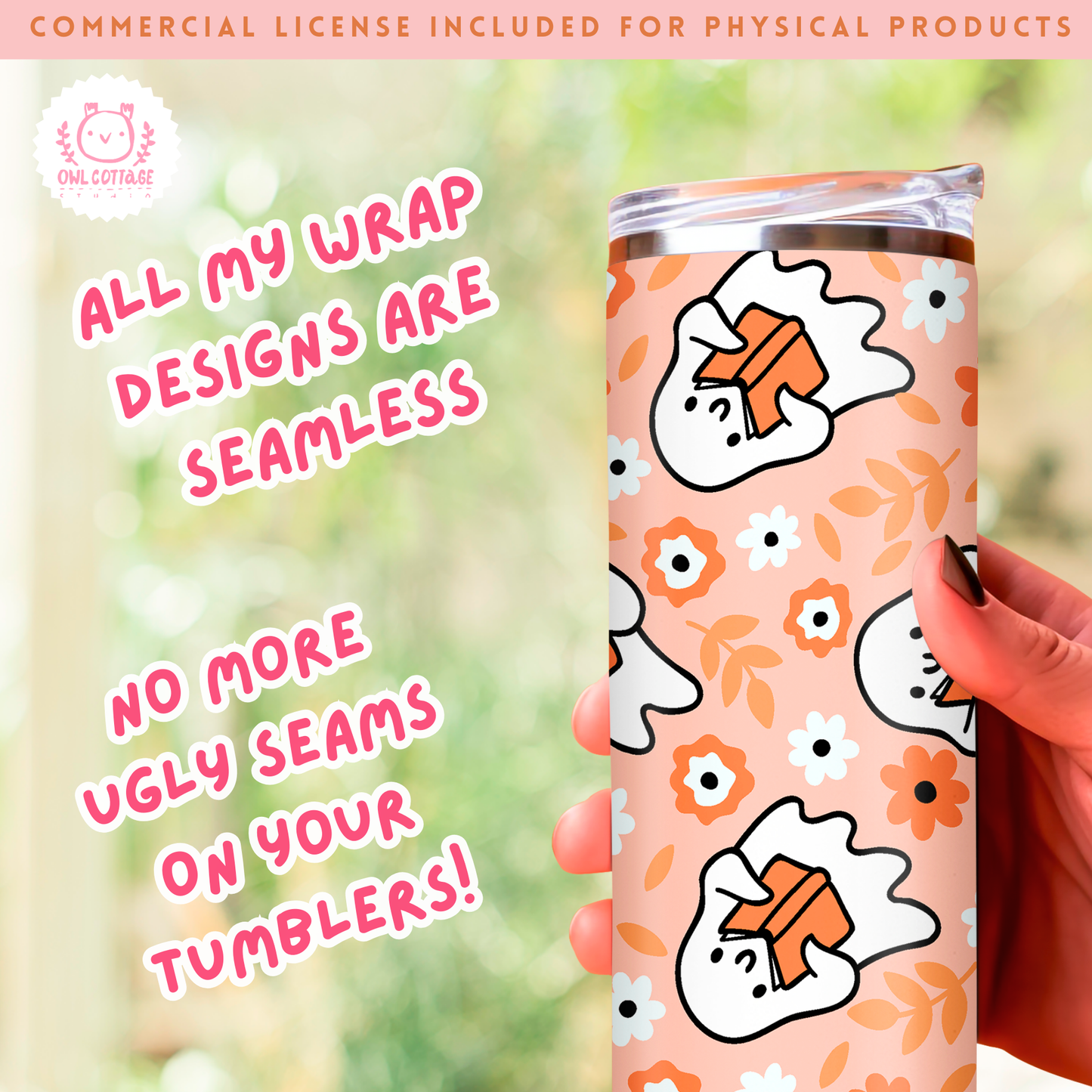 Halloween Bookish Ghost Tumbler Wrap In Orange, Trendy Sublimation Design, 20 oz Skinny Tumbler Designs for Straight/Tapered Tumbler