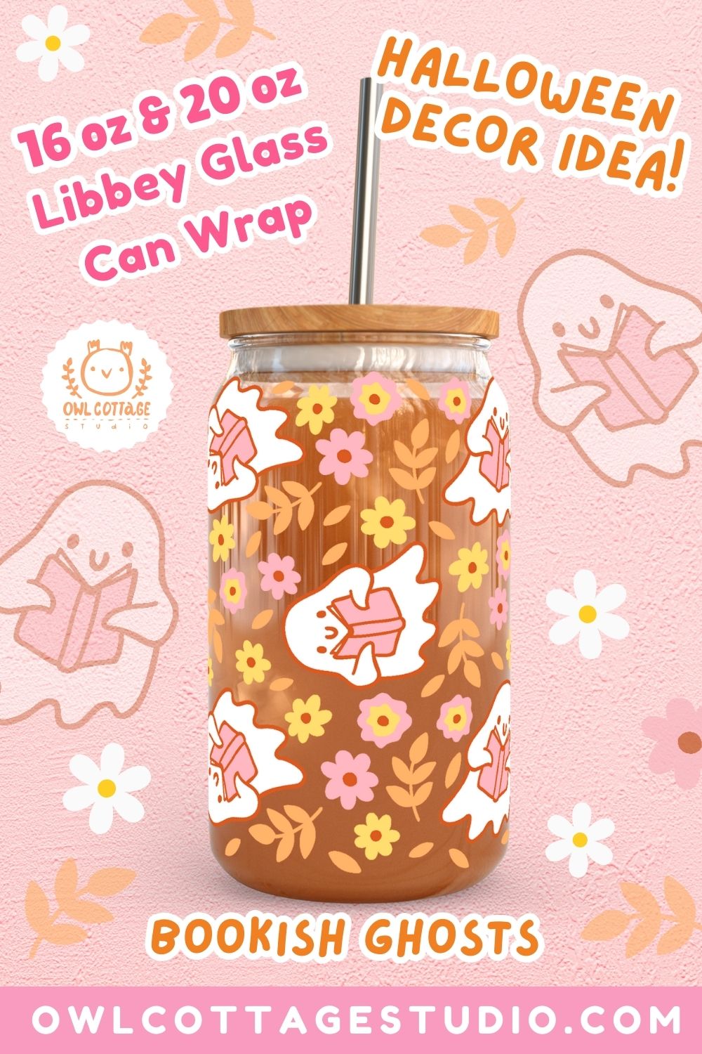 Halloween Libbey Glass SVG 16 oz, 20 oz Cute Bookish Ghost Libbey Glass Can Wrap SVG & PNG