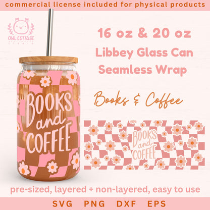 Books and Coffee Checkered Pattern Wrap For Libbey 16 oz, 20 oz, Book Lover Beer Can Wrap SVG 16 oz, 20 oz (Copy)