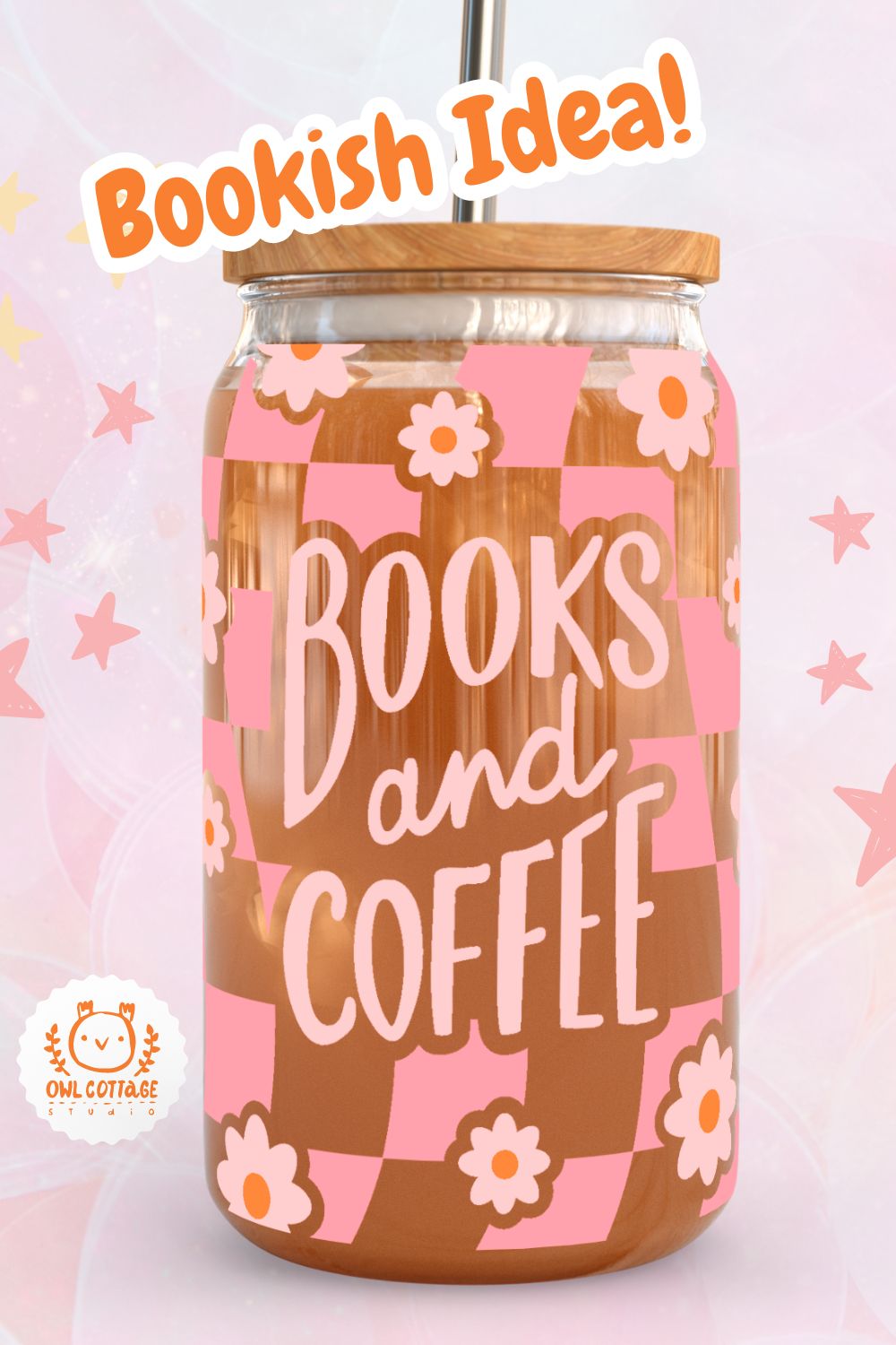 Books and Coffee Checkered Pattern Wrap For Libbey 16 oz, 20 oz, Book Lover Beer Can Wrap SVG 16 oz, 20 oz (Copy)