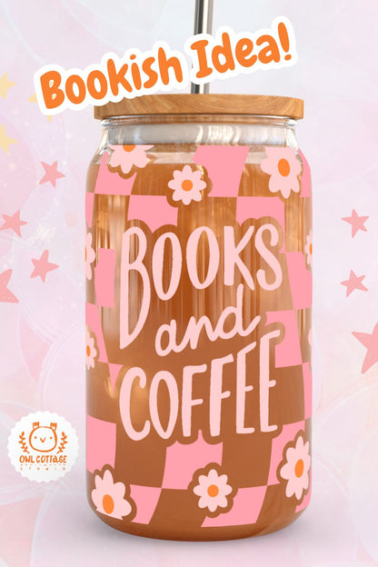 Books and Coffee Checkered Pattern Wrap For Libbey 16 oz, 20 oz, Book Lover Beer Can Wrap SVG 16 oz, 20 oz (Copy)