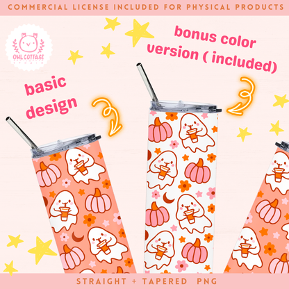 Halloween Coffee Ghosts And Pink Pumpkins Tumbler Wrap, Trendy Sublimation Design, 20 oz Skinny Tumbler Designs for Straight/Tapered Tumbler