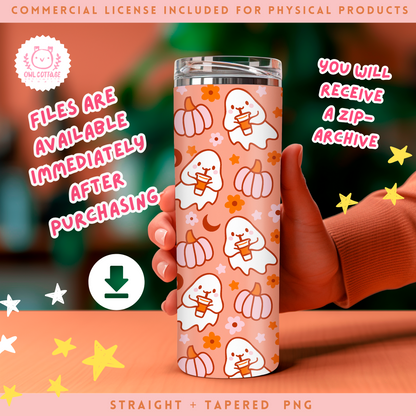 Halloween Coffee Ghosts And Pink Pumpkins Tumbler Wrap, Trendy Sublimation Design, 20 oz Skinny Tumbler Designs for Straight/Tapered Tumbler