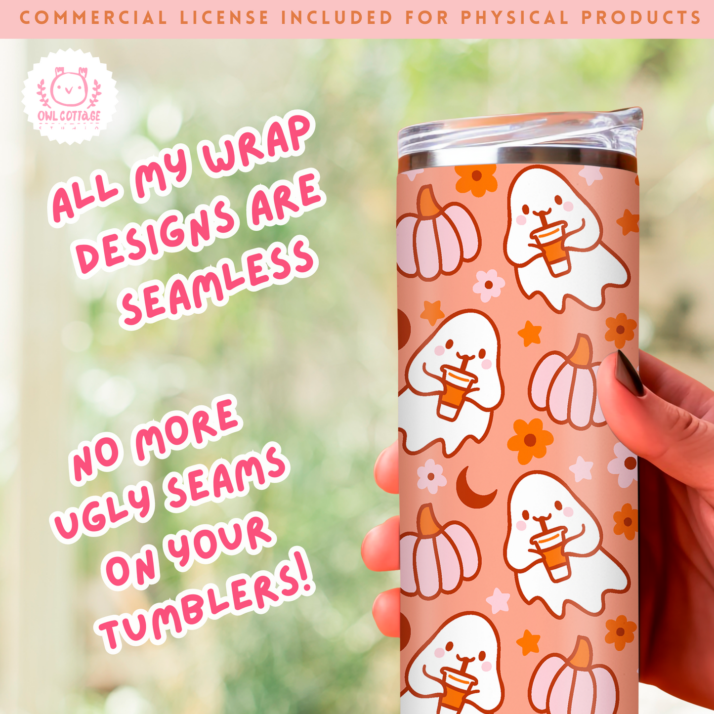 Halloween Coffee Ghosts And Pink Pumpkins Tumbler Wrap, Trendy Sublimation Design, 20 oz Skinny Tumbler Designs for Straight/Tapered Tumbler