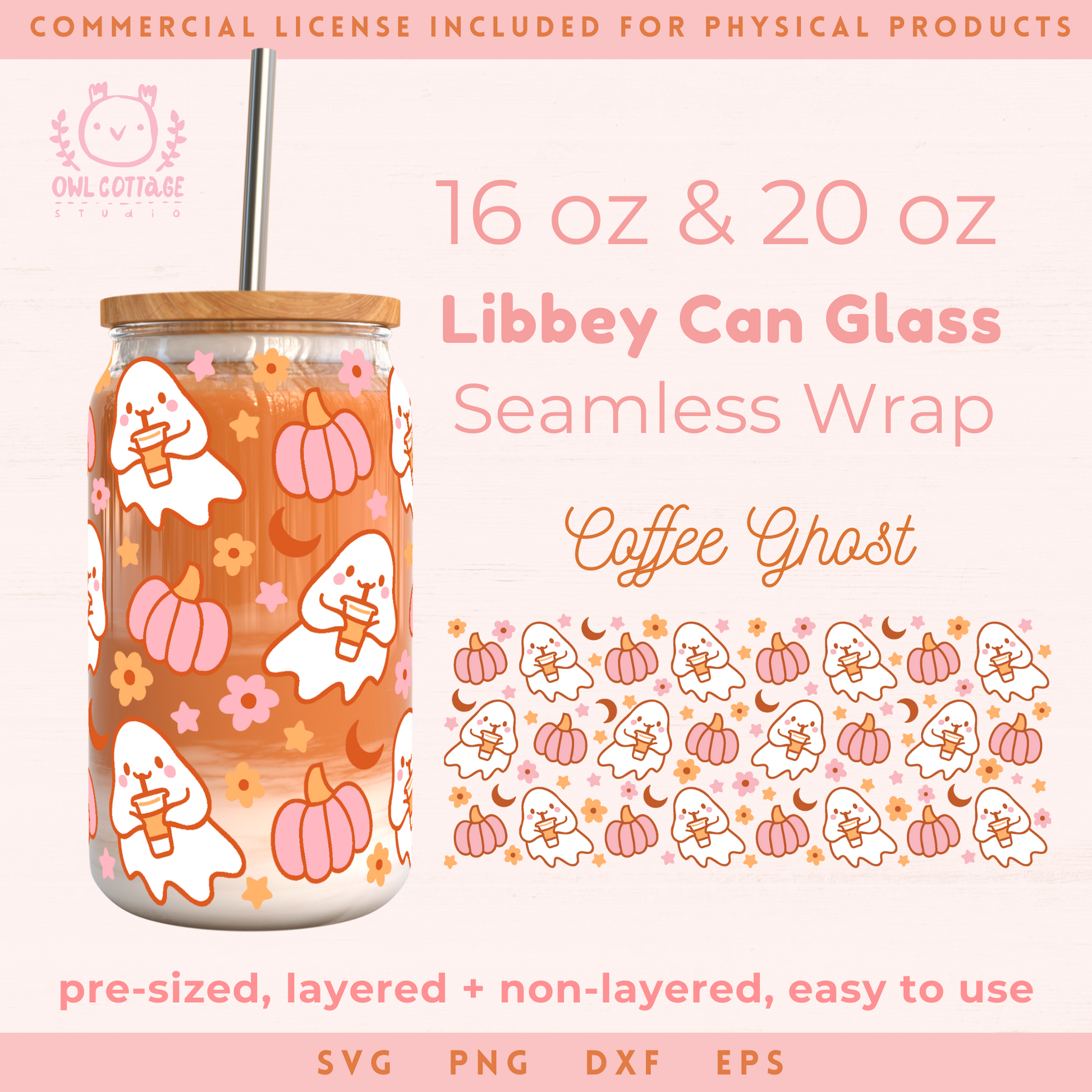 Ghost Coffee Wrap, Pink Pumpkins Glasss Can, Cute Kawaii Ghost Wrap Svg, 16oz Libbey Glass Svg, Halloween Glass Cup Svg, Trendy Halloween Design, Cute Cup Wrap for UV DTF