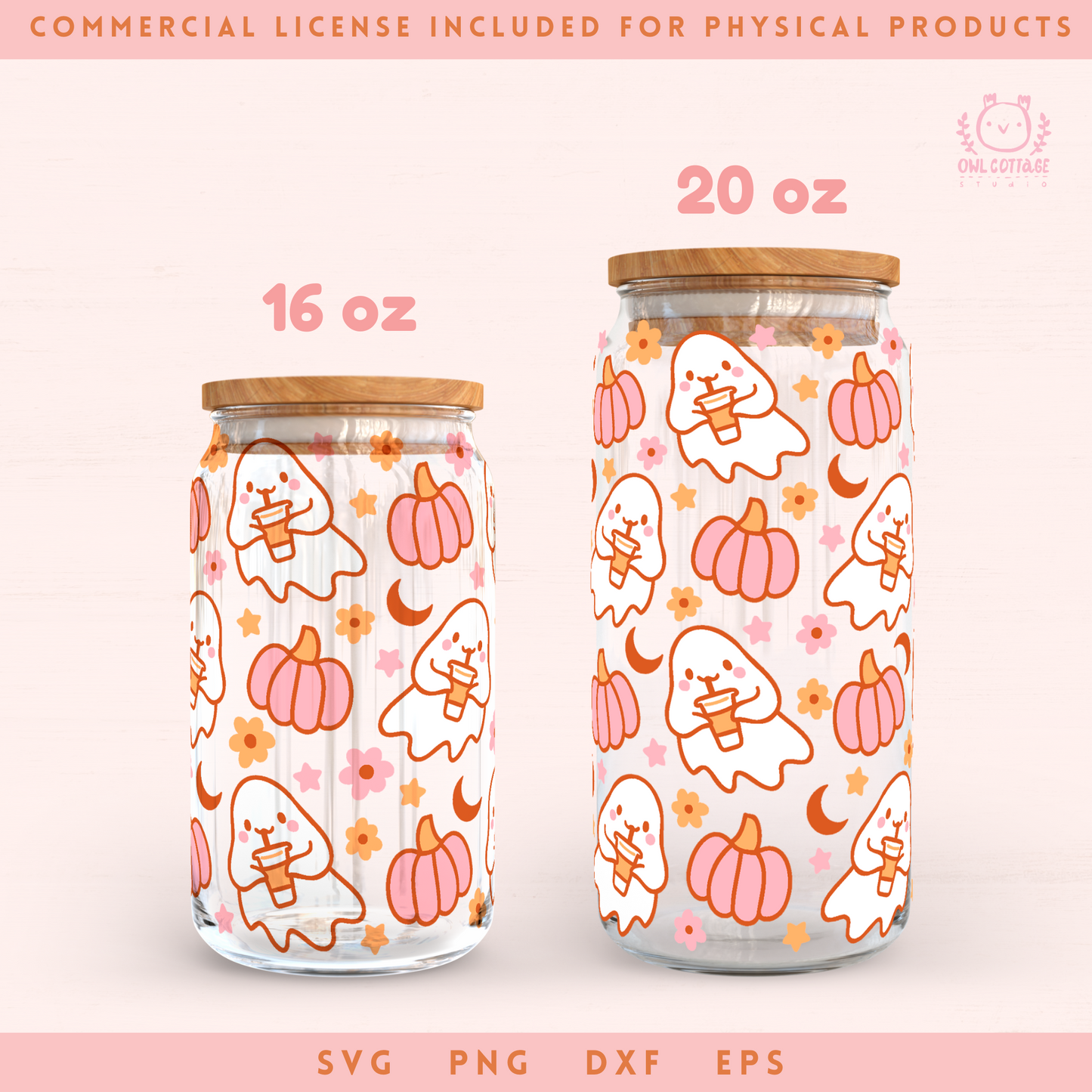 Ghost Coffee Wrap, Pink Pumpkins Glasss Can, Cute Kawaii Ghost Wrap Svg, 16oz Libbey Glass Svg, Halloween Glass Cup Svg, Trendy Halloween Design, Cute Cup Wrap for UV DTF