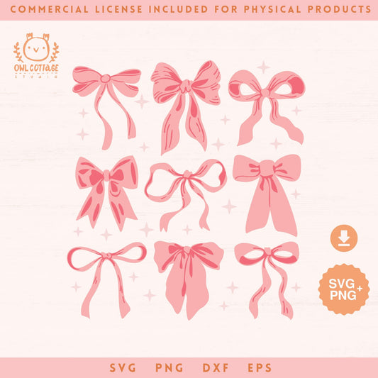 Coquette Aesthetic Pink Bows SVG and PNG, Trendy Soft Girl Designs for Commercial Use
