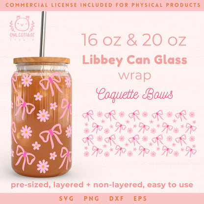 Coquette Bows And Daisies Girly Wrap Svg, 16oz Libbey Glass Svg, Daisy Glass Can Svg, Summer Glass Cup Svg, Libbey Glass 16oz Cut File, Trendy Can Glass Svg Trendy Soft Girl Design, Coquette Vibes drawings for Commercial Use