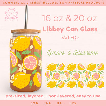 Lemon Bloom Wrap Svg, 16oz Libbey Glass Svg, Floral Glass Can Svg, Summer Glass Cup Svg, Libbey Glass 16oz Cut File, Trendy Can Glass Svg Summer Wrap Design, Fruits drawings for Commercial Use