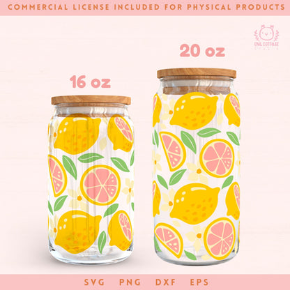 Lemon Bloom Wrap Svg, 16oz Libbey Glass Svg, Floral Glass Can Svg, Summer Glass Cup Svg, Libbey Glass 16oz Cut File, Trendy Can Glass Svg Summer Wrap Design, Fruits drawings for Commercial Use