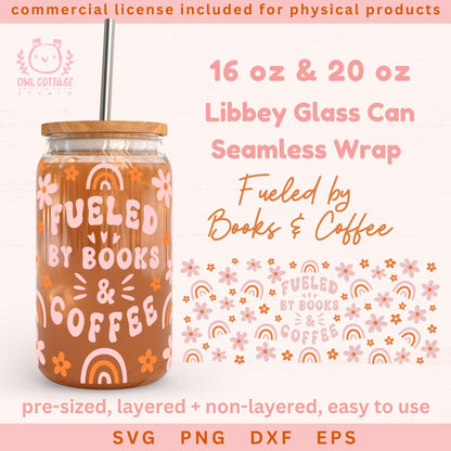 Fueled by Books And Coffee Glass Can Wrap,Book Lover Libbey Wrap SVG 16 oz, 20 oz