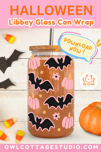 Spooky Halloween Bats And Pumpkins Wrap Svg, 16oz Libbey Glass Svg, Halloween Glass Cup Svg, Bats Libbey Glass 16oz Cut File, Pumpkins Can Glass Svg Trendy Halloween Design, Cute Cup Wrap for UV DTF