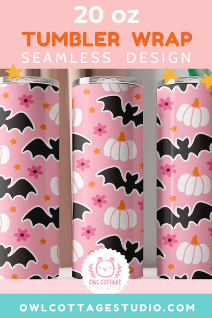 Black Halloween Bats And Pumpkins Tumbler Wrap, 20 oz Skinny Tumbler Designs for Straight/Tapered Tumbler