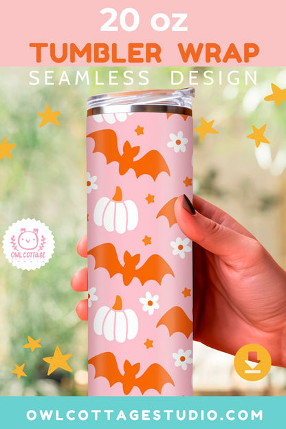 Pink Halloween Bats And Pumpkins Tumbler Wrap, 20 oz Skinny Tumbler Designs for Straight/Tapered Tumbler