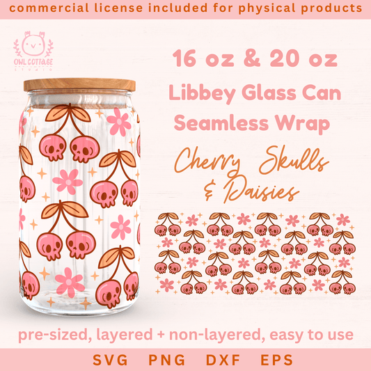 Cute Kawaii Halloween Cherry Skulls And Daisies Seamless Libbey Wrap SVG 16 oz, 20 oz, Spooky Glass Wrap Svg