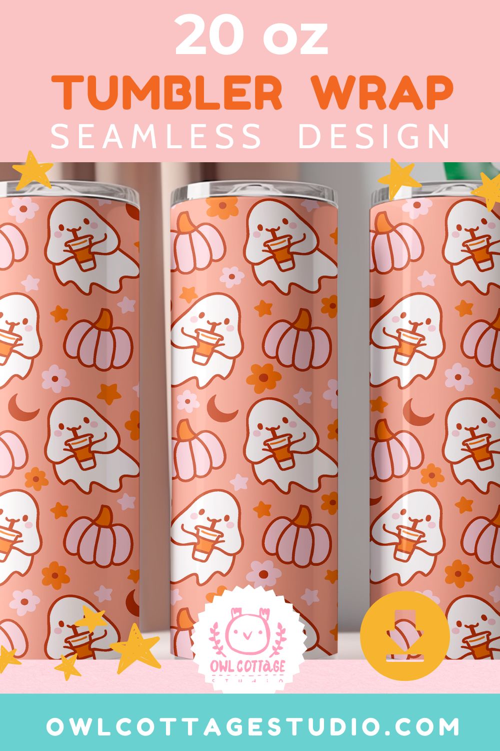 Halloween Coffee Ghosts And Pink Pumpkins Tumbler Wrap, Trendy Sublimation Design, 20 oz Skinny Tumbler Designs for Straight/Tapered Tumbler