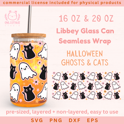 Cute Kawaii Ghost And Cat Wrap Svg, 16oz Libbey Glass Svg, Halloween Glass Cup Svg, Black Cat Libbey Glass 16oz Cut File, Bookish Can Glass Svg Trendy Halloween Design, Cute Cup Wrap for UV DTF