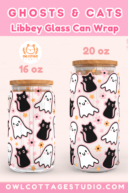 Cute Kawaii Ghost And Cat Wrap Svg, 16oz Libbey Glass Svg, Halloween Glass Cup Svg, Black Cat Libbey Glass 16oz Cut File, Bookish Can Glass Svg Trendy Halloween Design, Cute Cup Wrap for UV DTF