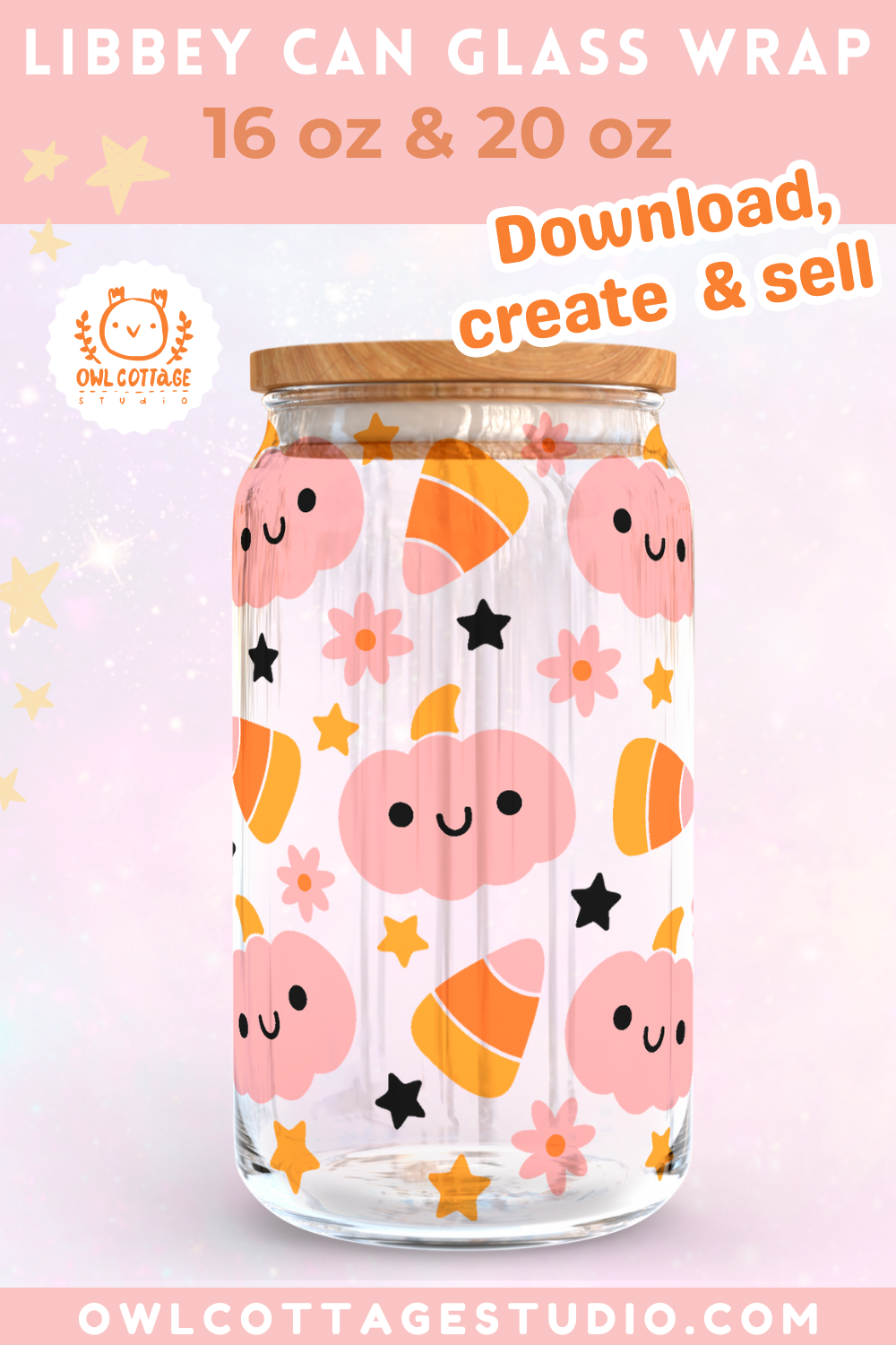 Kawaii Halloween Pumpkins And Candy Corn Libbey Wrap 16 oz, 20 oz, Cute Fall Beer Can Wrap SVG 16 oz, 20 oz