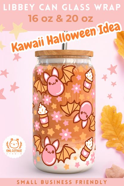 Cute Kawaii Halloween Bats And Pumpkin Spice Latte Libbey Wrap 16 oz, 20 oz, Cute Fall Beer Can Wrap SVG 16 oz, 20 oz