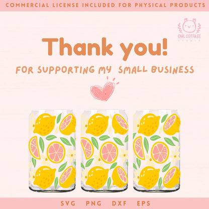 Lemon Bloom Wrap Svg, 16oz Libbey Glass Svg, Floral Glass Can Svg, Summer Glass Cup Svg, Libbey Glass 16oz Cut File, Trendy Can Glass Svg Summer Wrap Design, Fruits drawings for Commercial Use