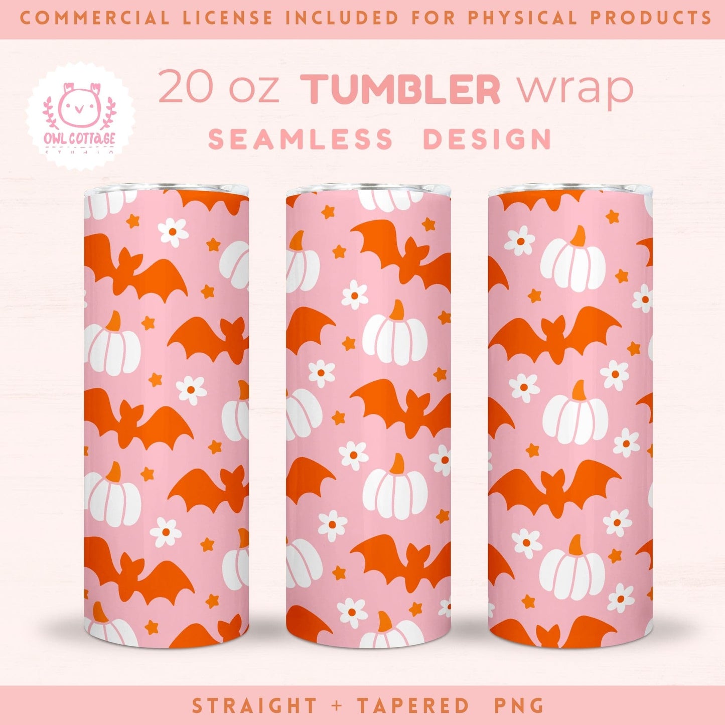 Pink Halloween Bats And Pumpkins Tumbler Wrap, 20 oz Skinny Tumbler Designs for Straight/Tapered Tumbler