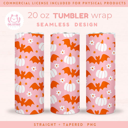 Pink Halloween Bats And Pumpkins Tumbler Wrap, 20 oz Skinny Tumbler Designs for Straight/Tapered Tumbler