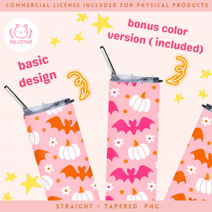 Pink Halloween Bats And Pumpkins Tumbler Wrap, 20 oz Skinny Tumbler Designs for Straight/Tapered Tumbler