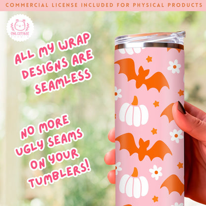 Pink Halloween Bats And Pumpkins Tumbler Wrap, 20 oz Skinny Tumbler Designs for Straight/Tapered Tumbler