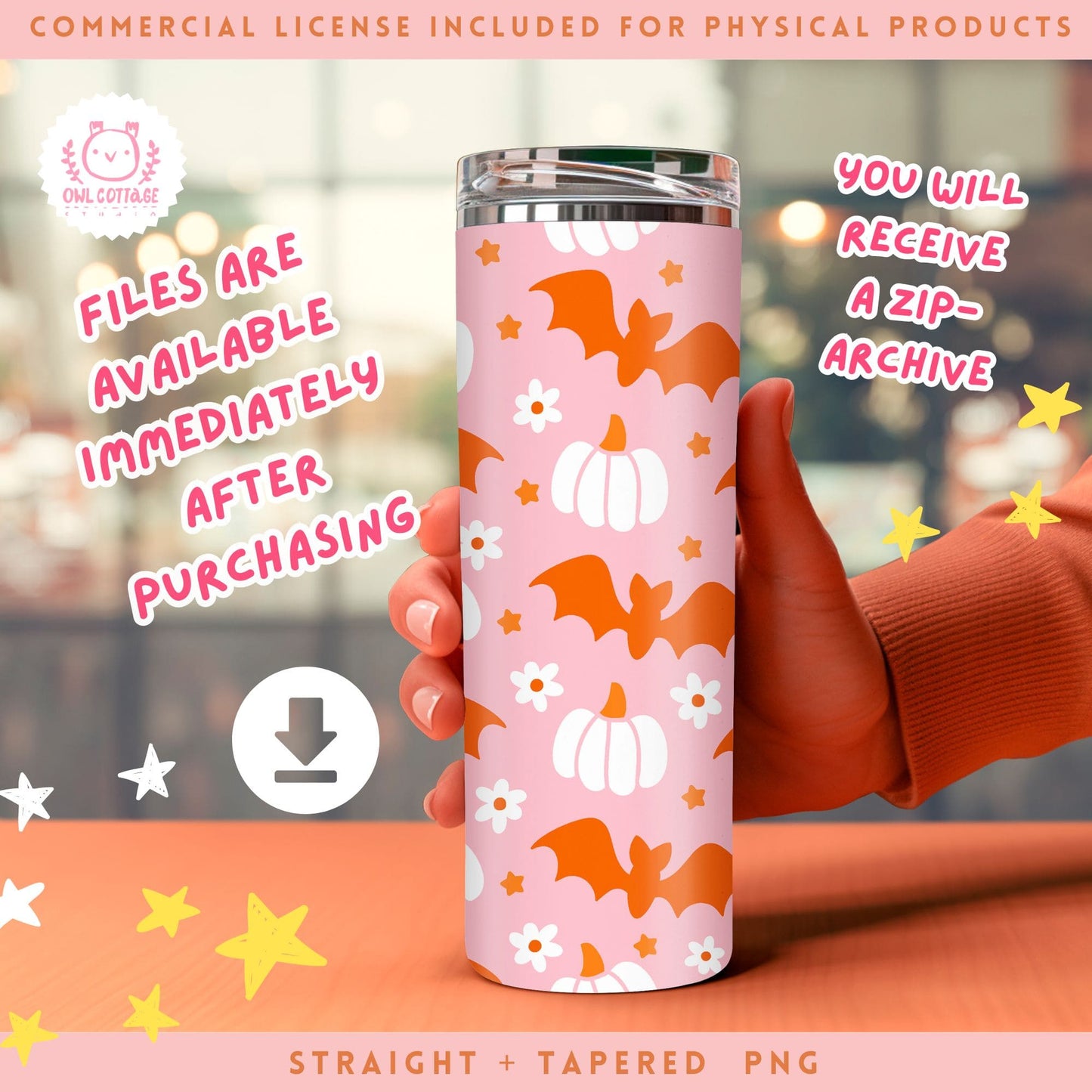 Pink Halloween Bats And Pumpkins Tumbler Wrap, 20 oz Skinny Tumbler Designs for Straight/Tapered Tumbler