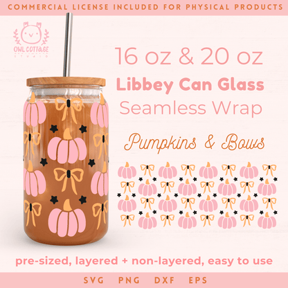 Girly Halloween Bows And Pumpkins Libbey Glass Can Wrap SVG & PNG 16oz, 20 oz, 16oz Libbey Glass Svg, 20oz Libbey Glass Svg, Can Glass Full Wrap, beer glass svg, files for Cricut, Instant Digital Download