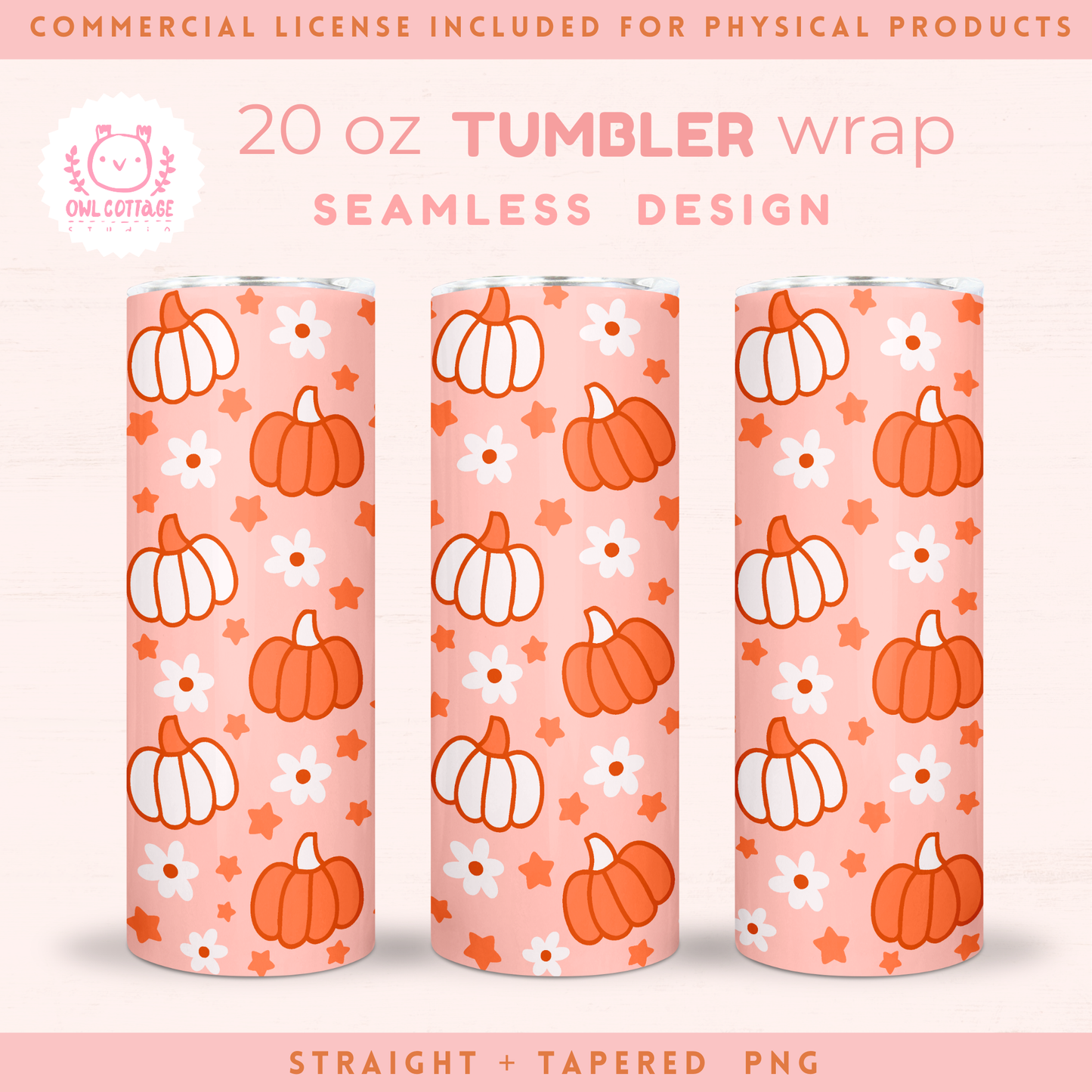 Halloween Pink Pumpkins And Daisies Tumbler Wrap, Trendy Sublimation Design, 20 oz Skinny Tumbler Designs for Straight/Tapered Tumbler