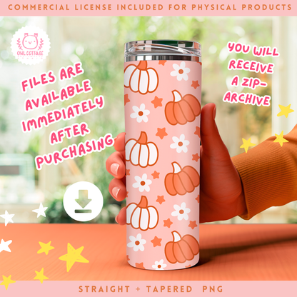 Halloween Pink Pumpkins And Daisies Tumbler Wrap, Trendy Sublimation Design, 20 oz Skinny Tumbler Designs for Straight/Tapered Tumbler