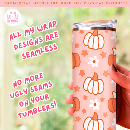 Halloween Pink Pumpkins And Daisies Tumbler Wrap, Trendy Sublimation Design, 20 oz Skinny Tumbler Designs for Straight/Tapered Tumbler