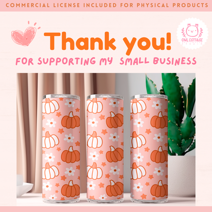 Halloween Pink Pumpkins And Daisies Tumbler Wrap, Trendy Sublimation Design, 20 oz Skinny Tumbler Designs for Straight/Tapered Tumbler