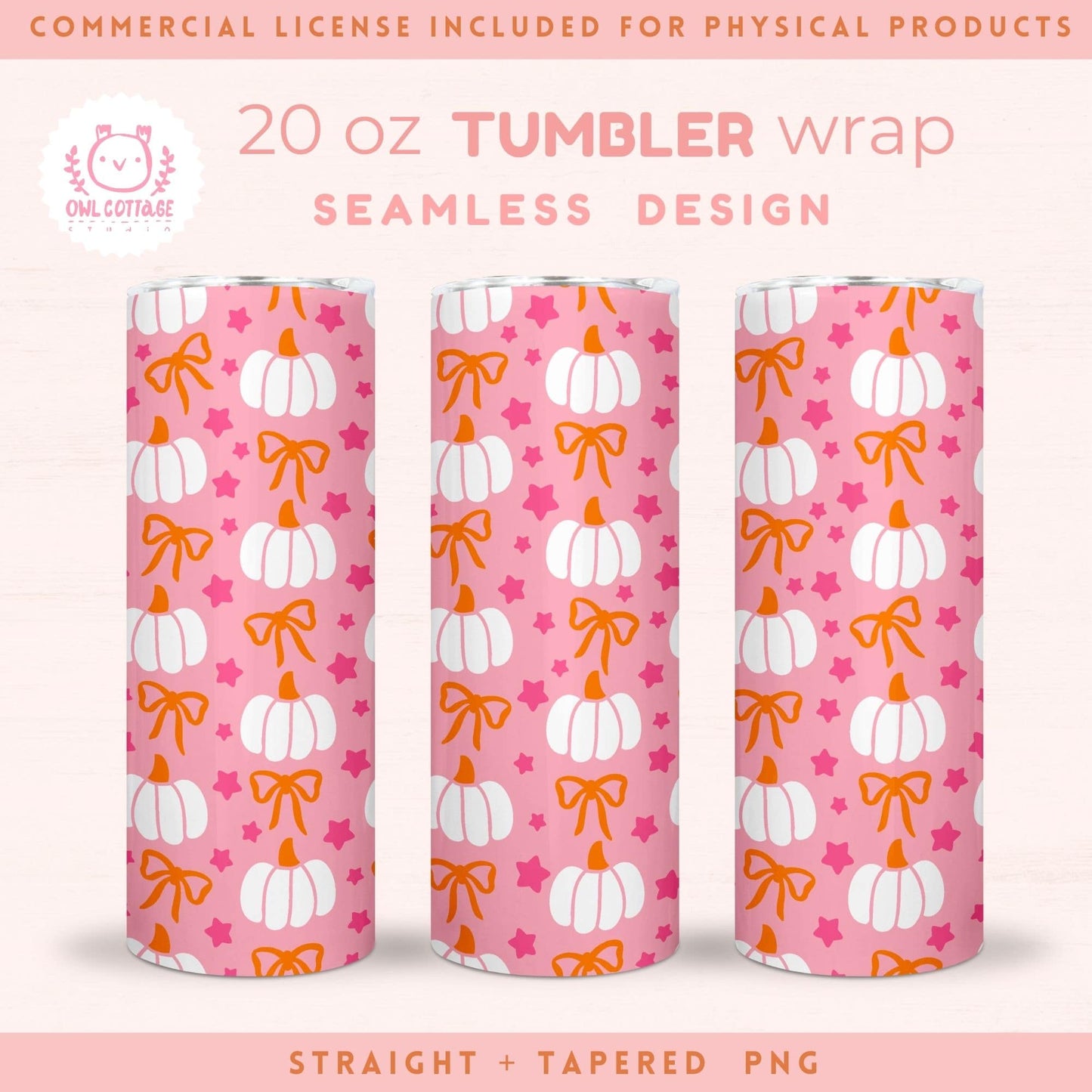 Pink Halloween Pumpkins And Bows Tumbler Wrap, Trendy Sublimation Design, 20 oz Skinny Tumbler Designs for Straight/Tapered Tumbler