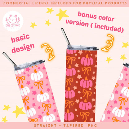 Pink Halloween Pumpkins And Bows Tumbler Wrap, Trendy Sublimation Design, 20 oz Skinny Tumbler Designs for Straight/Tapered Tumbler