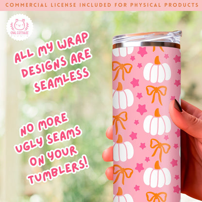 Pink Halloween Pumpkins And Bows Tumbler Wrap, Trendy Sublimation Design, 20 oz Skinny Tumbler Designs for Straight/Tapered Tumbler