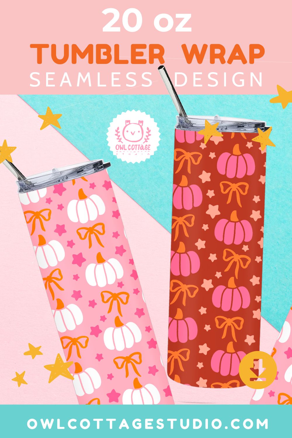 Pink Halloween Pumpkins And Bows Tumbler Wrap, Trendy Sublimation Design, 20 oz Skinny Tumbler Designs for Straight/Tapered Tumbler