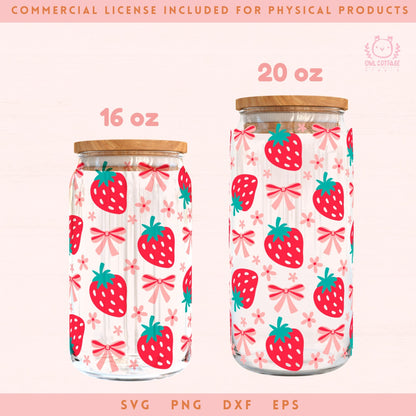 🍓🎀🍓 Strawberries And Bows Libbey Glass Cann Wrap SVG & PNG 16oz, 20 oz, 16oz Libbey Glass Svg, 20oz Libbey Glass Svg, Can Glass Full Wrap, beer glass svg, files for Cricut, Instant Digital Download