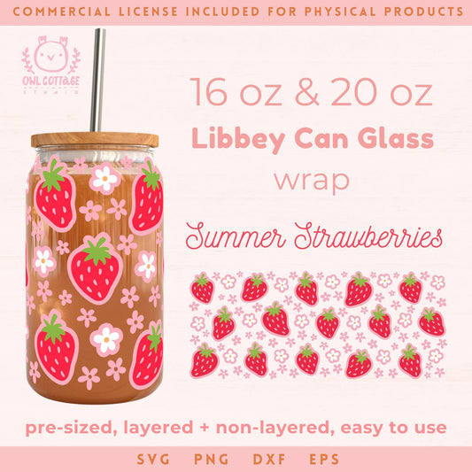 Libbey Glass Can Wrap SVG 16 oz & 20 oz Strawberries & Daisies