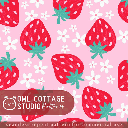 Summer Strawberry Pattern Repeat File For Sublimation or Printing Bright Summer Seamless Pattern, Pink Red Retro Fruit Pattern Trendy Summer Seamless Repeat Design For Commercial Use