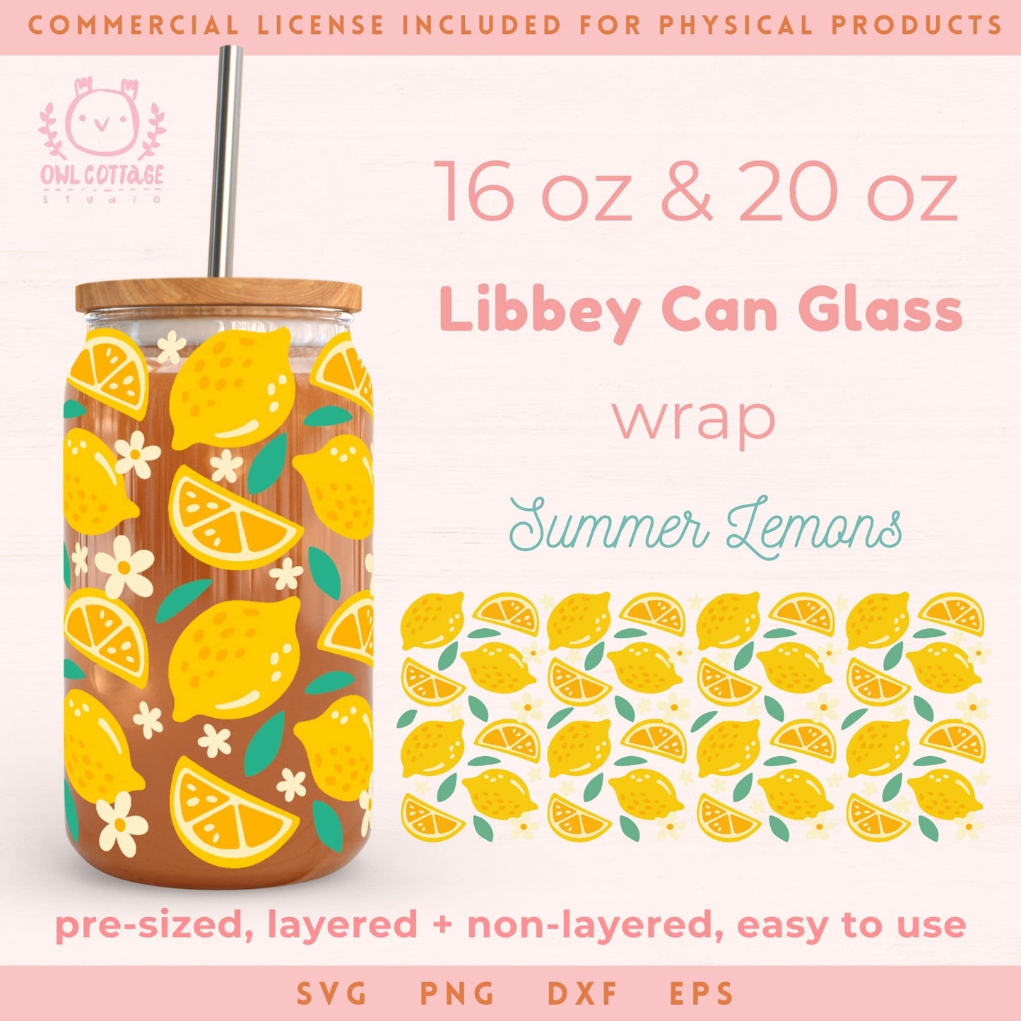 Lemon Bloom Wrap Svg, 16oz Libbey Glass Svg, Floral Glass Can Svg, Summer Glass Cup Svg, Libbey Glass 16oz Cut File, Trendy Can Glass Svg Summer Wrap Design, Fruits drawings for Commercial Use