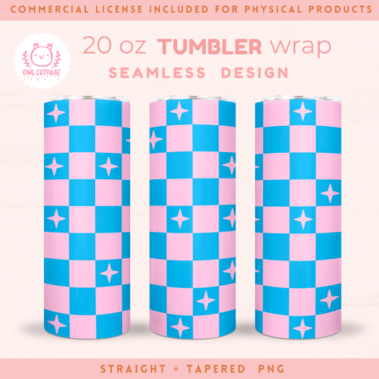 Blue Pink Checkered  Wrap, 20 oz Skinny Tumbler Designs for Straight/Tapered Tumbler